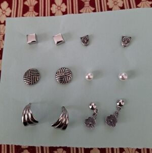 Dainty Silver, Owl And "Pearl" Earrings Set Of 6